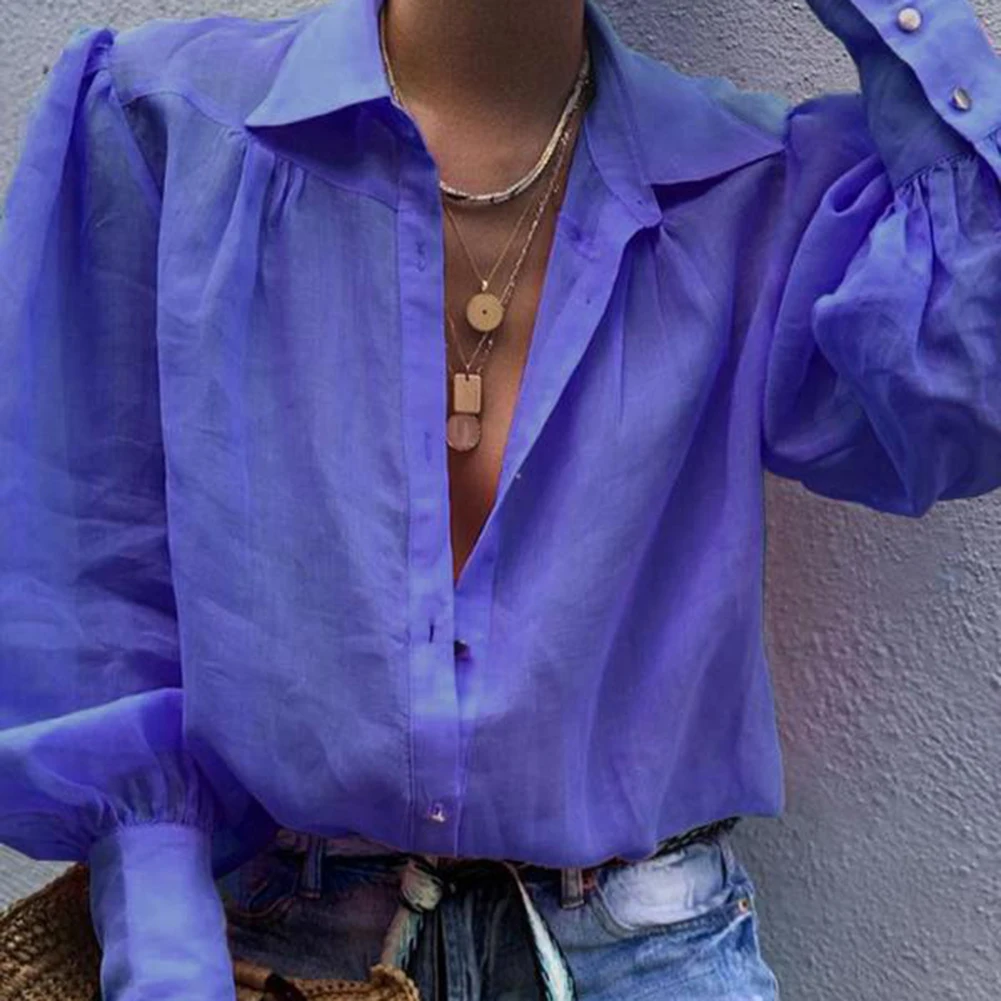 Fashion Office Lady Solid Color Turn Down Collar V Neck Long Sleeve Shirt Blouse