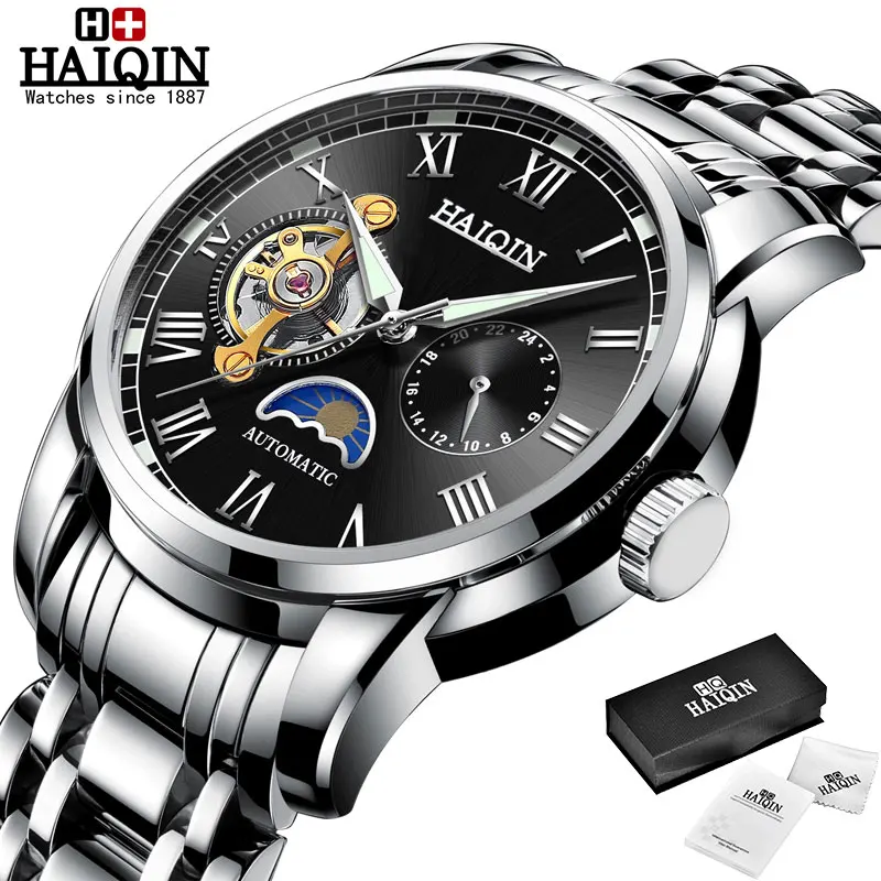 HAIQIN модные деловые механические часы, мужские топ брендовые Роскошные военные наручные часы, мужские кожаные турбийон Relogio Masculino - Цвет: Silver-Black