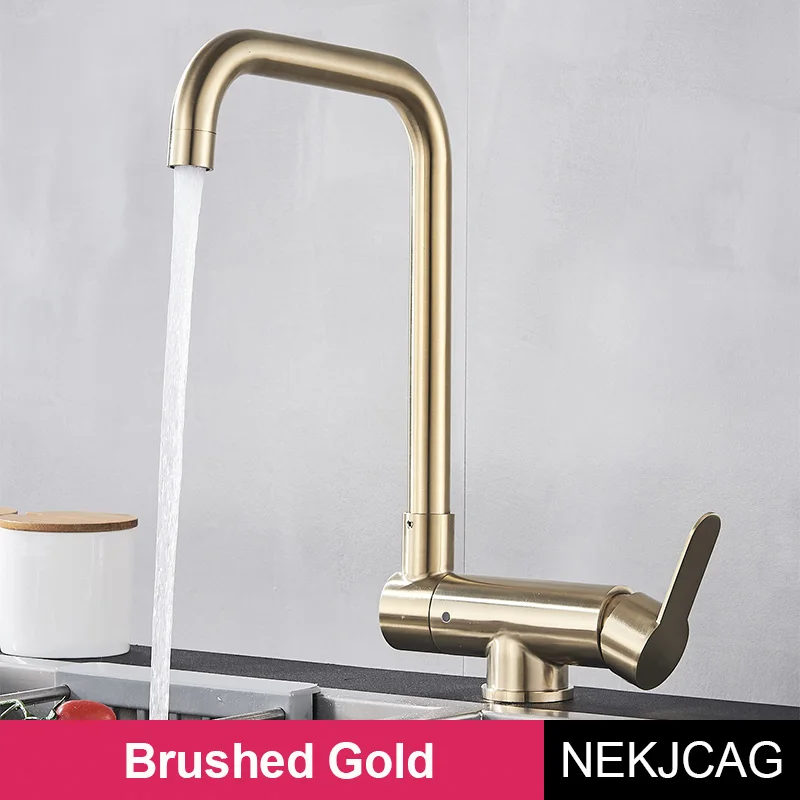 Brushed Gold Кухонный кран из нержавеющей стали для бытовой раковины, умывальник для бассейна, черный складной смеситель - Цвет: Brushed Gold