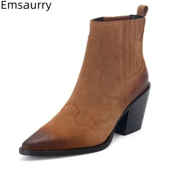 

Suede Boots Woman Slim Point Toe Chic Square High Heel Ladies Chelsea Boots Comfy Slip On Autumn Spring Fashion Boots Woman