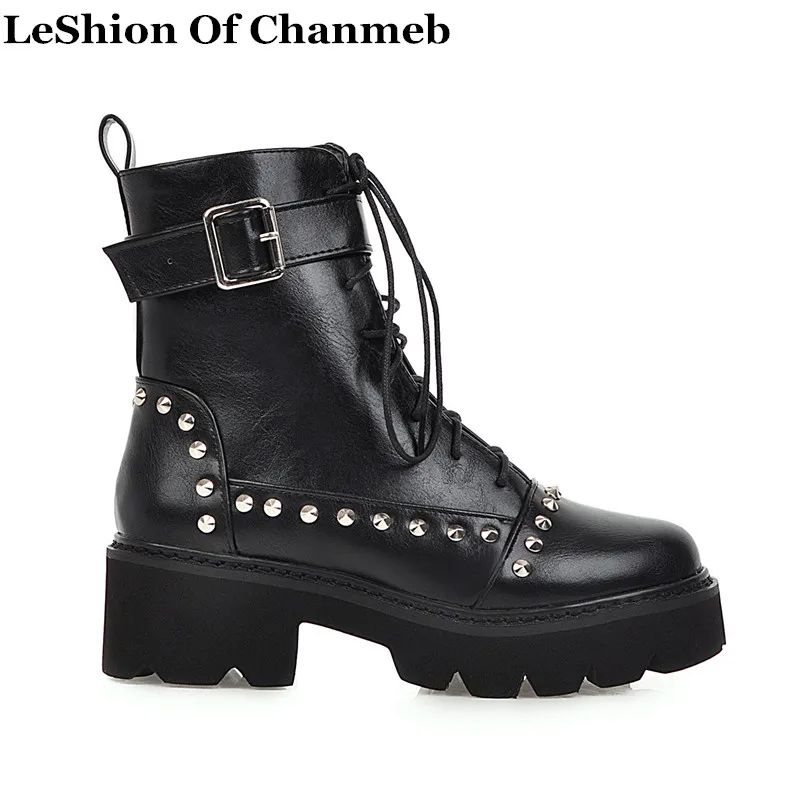 

Autumn Winter Fashion Ankle Boots For Women High Heels Punk Studs Rivets Buckle Round Toe Thick Heels Platform Lace up Shoes 43