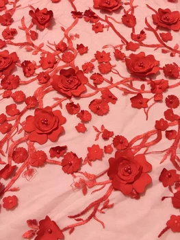 

Red lace fabric for wedding decoration 2020 high quality african french lace fabric with beads 3d nigerian lace fabrics CD26751