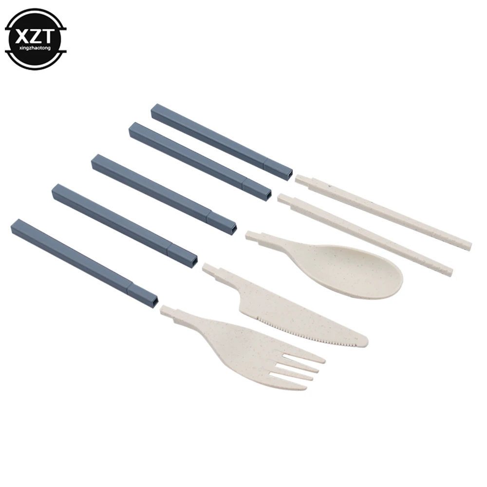 Foldable Wheat Straw Spoon Fork Knife Chopsticks Cutlery Set With Box Removable For Outdoor Travel Picnic