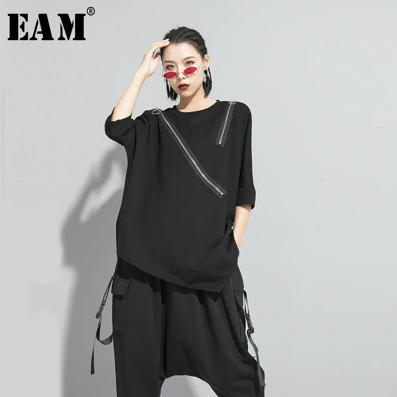 [EAM] Women Black Asymmetrical Sittch Big Size T-shirt New Round Neck Long Sleeve Fashion Tide Spring Autumn 2022 1S185 | Женская одежда