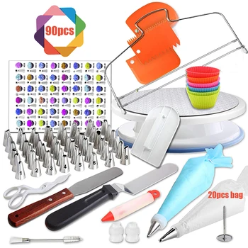 

90 Pcs Baking Tools Set Cake DIY Utensil Decorating Turntable set Stainless steel Cake Make supplies for Carving ,Friut Pitting