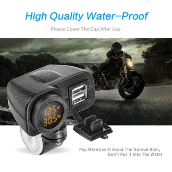 

Motorcycle Dual USB Charger 5V/4.2A Dual USB Charger Socket Waterproof Motorcycle Handlebar Clamp Voltmeter Thermometer LED