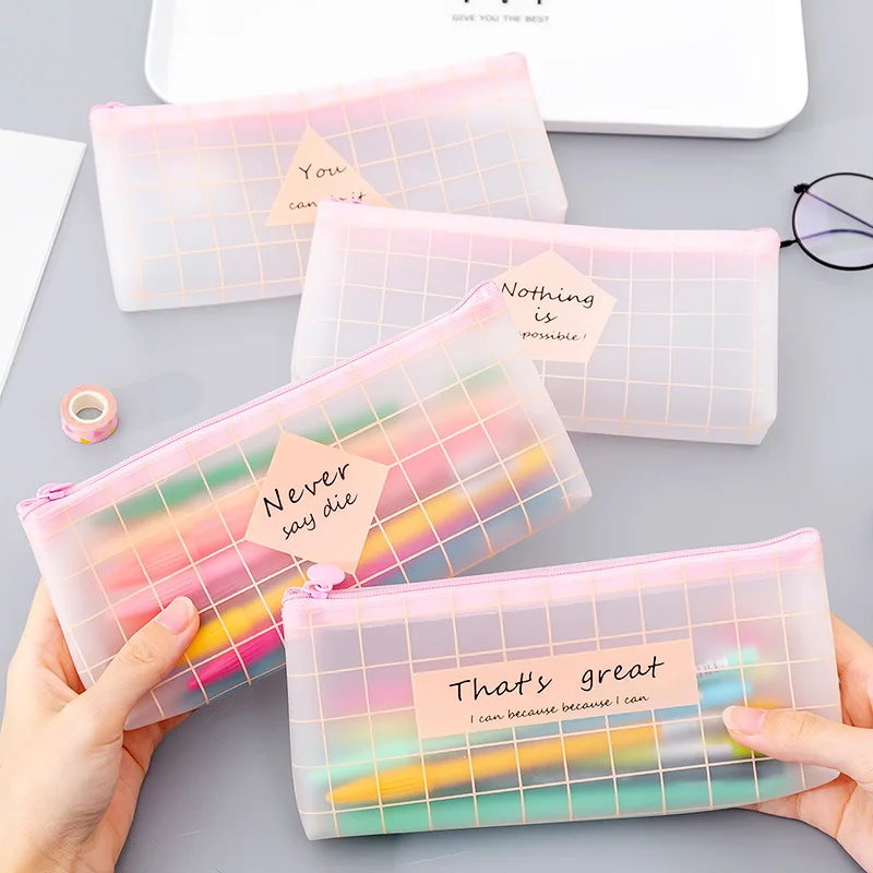 

Kawaii pink grid large Pen Case Creative PVC transparent Pencil box Cute Pencil Bag For Kids Gift School Supplies Pencilpouch