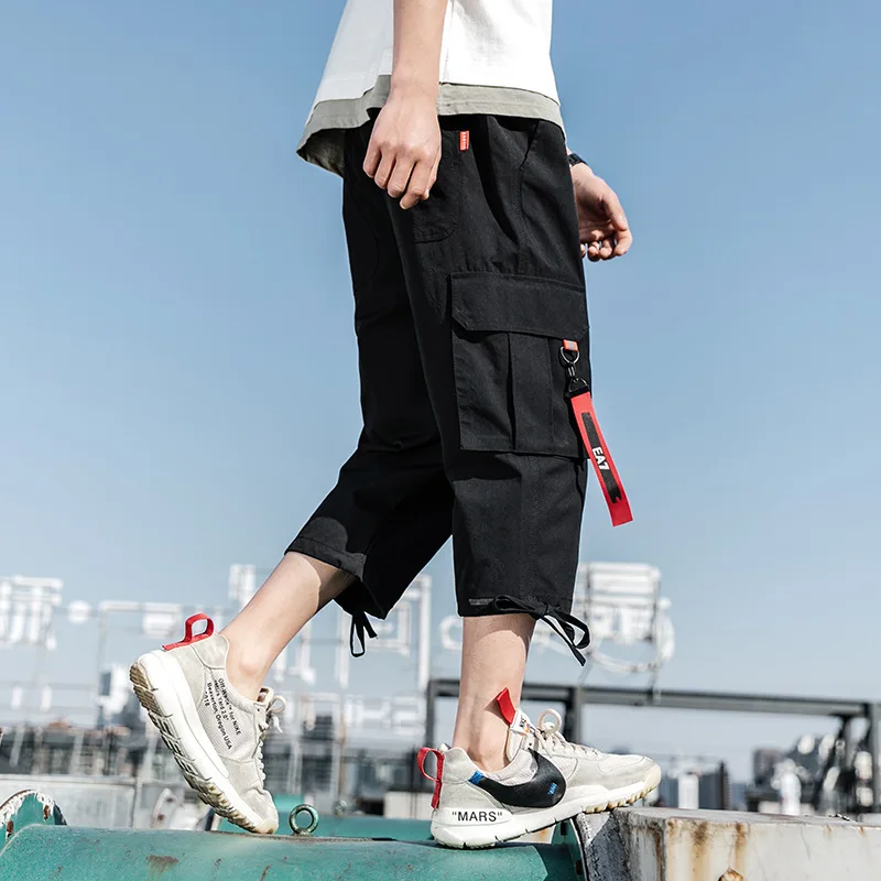 

Hong Kong Style Men'S Wear 2020 Summer Thin Section Men Casual Capri Pants Loose Bib Overall Webbing with Drawstring Straight-le