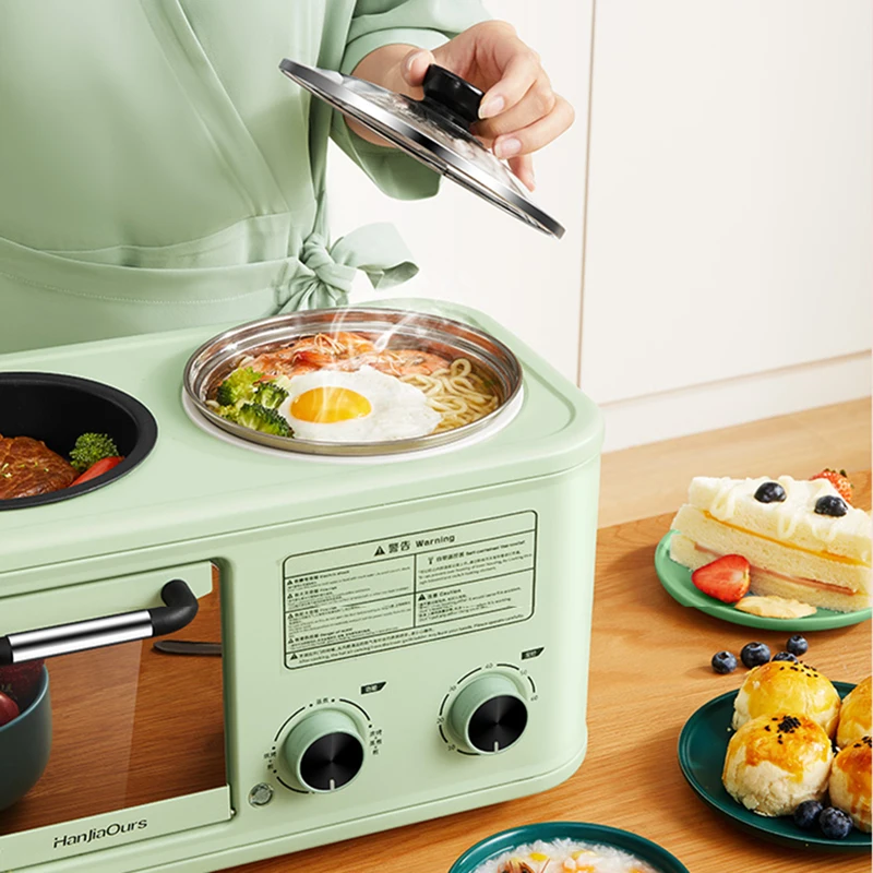Household 3 In 1 Breakfast Making Machine Kitchen Toaster Frying Pan Mini Oven Bread Pizza Maker Hot Pot Steamer Boiling Pot