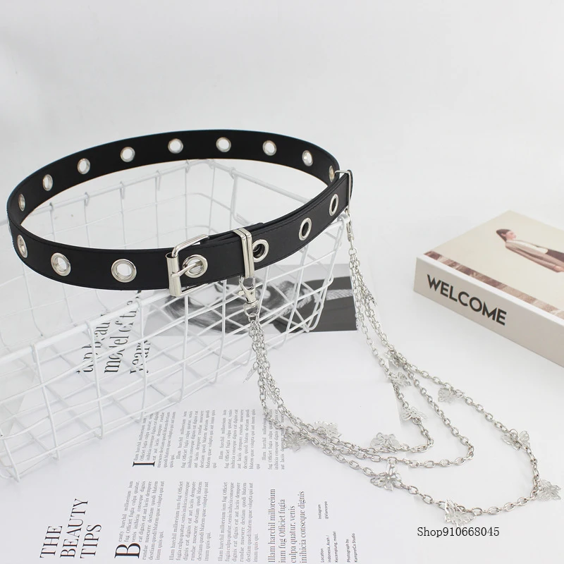 Women's Chain New Belt Tray Eyelet Belt Women's Butterfly Fashion Hip Hop Waist Accessory Punk Skirt white waist belt