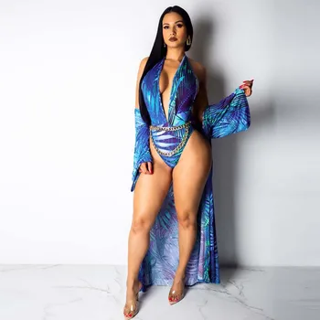 

Sexy Print Two Piece Set Women Clothes Deep V Backless Cape Bikini Swimsuits Bodysuit And Full Sleeve Long Coat Beach Wear Sets