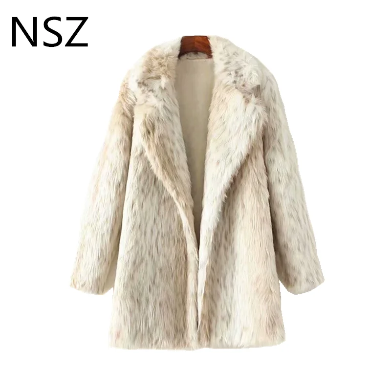 NSZ women animal printed elegant faux fur coat teddy bear chic jacket shaggy winter warm outerwear fashion overcoat - Color: Khaki