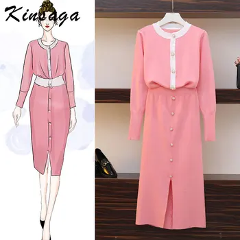 

Women Knitted 2 Piece Set Sweet Contrast Color O-neck Single Breasted Cardigans + High Waist Front Split Buttons Long Skirts