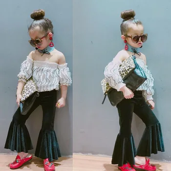 

Spring Autumn girls pants baby flare trousers kids pants children streetwear bottoms ruched solid elastic velvet 1 to 9 yrs
