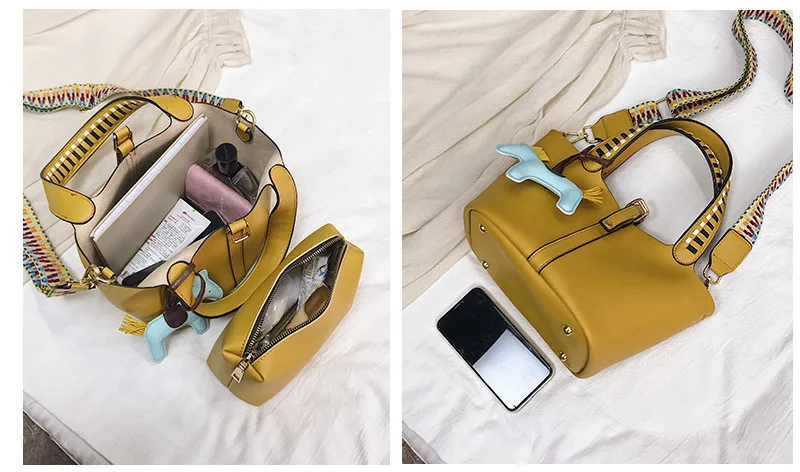 Women's Fashion Composite Bag 2pcs Female Leather Handbags Top Handle Bucket Bags Colorful Strap Crossbody Bag With Horse Tassel (9)