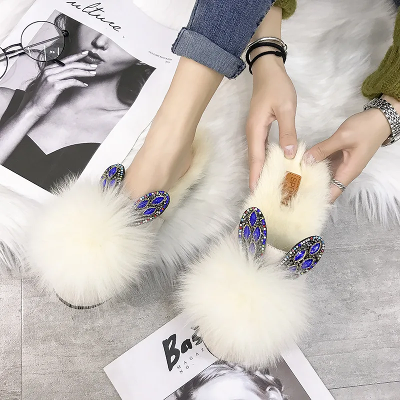 

Korean Home Fur Slippers Flat Outside Wear Rabbit Ears Half Slipper Warm Cotton Slipper Lady Cute Plush Fox Hair Fluffy Sandals