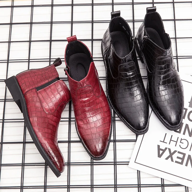 

New men's red leather boots pointed men's shoes crocodile texture zipper shoes usually wear ankle boots street yuppie style men'