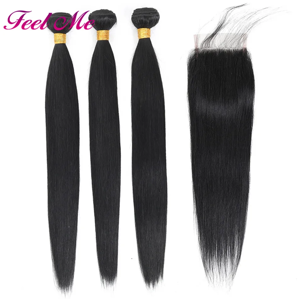 Feel Me Malaysian Straight Hair Bundles With Closure Human 3/4 Natural Color Non Remy Extensions | Шиньоны и парики