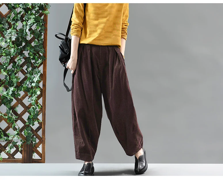 Осень-зима, модные женские вельветовые брюки большого размера, новинка, эластичный пояс, свободный карман, пуговицы, повседневные брюки универсальные