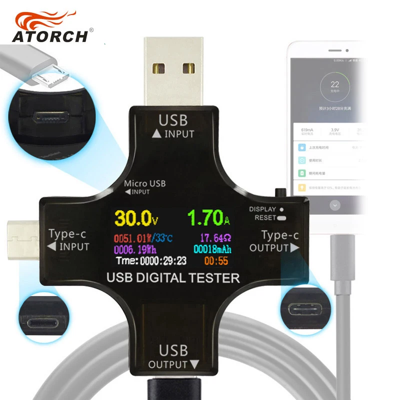 ATORCH тип c pd USB Тестер DC Цифровой вольтметр амперимитор напряжение измеритель тока