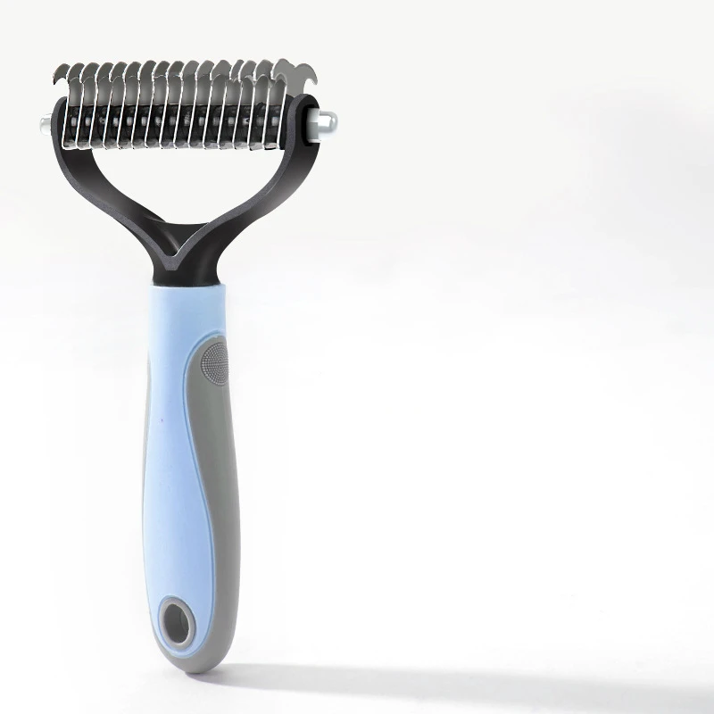 Расческа для удаления волос для собак кошка Detangler меховая отделка Dematting desheding уход за щеткой инструмент для матированных длинных волос кудрявый питомец - Цвет: Blue L