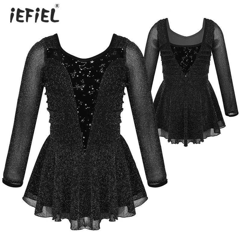 Девушки Одежда для бальных танцев эластичные одежда с длинным рукавом Бархат сращивания Фигурное катание на коньках для катания на роликовых коньках платье, гимнастический купальник костюмы