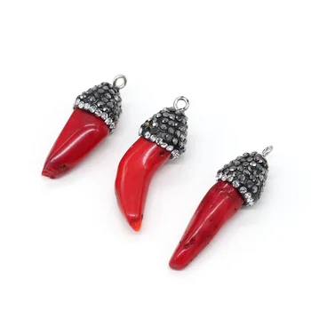 

Natural Coral Pendant Pepper Shaped Diamon-Studd Pendants for making DIY Jewelry Necklace Size 12x30-14x35mm