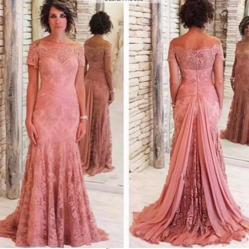 Exqusite розовый шифон и кружева Vestidos De Fiesta De Noche с открытыми плечами Оболочка развертки поезд Мать невесты платья