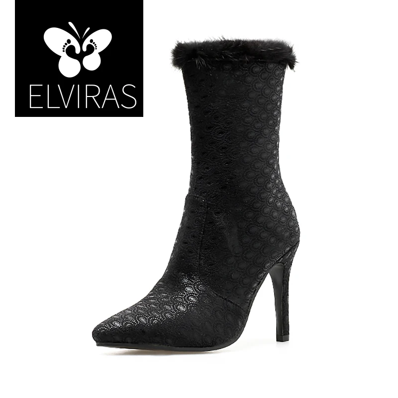 

ELVIRAS Women Ankle Boots luxury Rabbit Hair women shoes Zip Pointed High Heels Female Boot Party Shoes Women 2019 New Winter