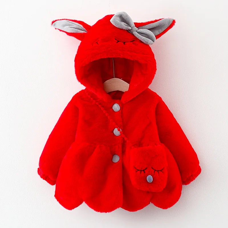 Cute Rabbit Ears Plush Baby Jacket Christmas Sweet Princess Girls Coat Autumn Winter Warm Hooded Outerwear Toddler Girl Clothes