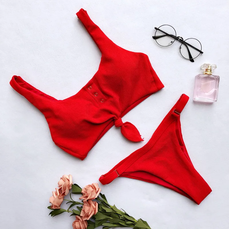 Сексуальный завязанный Овальный ребристый женский бикини набор Одноцветный купальный костюм танкини пуш-ап Maillot De Bain купальник - Цвет: Red-new
