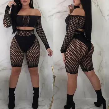 

Sexy Women Two Piece Set Summer Long Sleeve See Through Mesh Fishnet High Short And Short Pants Set Beach Blanket Solid