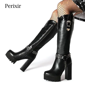 

Perixir Design 2020 New Dark Punk Motorcycle Boot Women Shoes Metal Decor Black Gothic High-heeled Platform Rivet Lady Boots