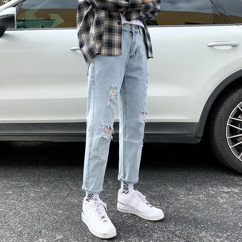 Precio bajo Pantalones vaqueros ceñidos para hombre, ropa de calle de diseñador coreano, desgastados, ajustados, con agujeros, Hip Hop, Verano rZKDNxY3A