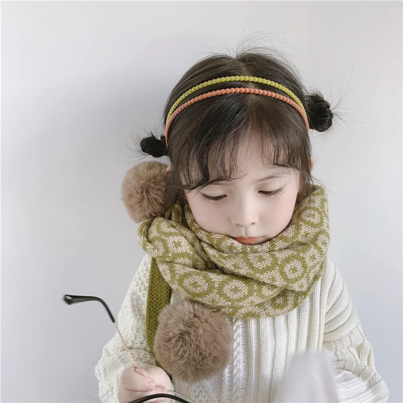 Korean Fashion Vintage Floral Print Winter Scarf Children Fur Ball Cute Knitting Warm Snood Children Neck Scarf Streetwear Shawl
