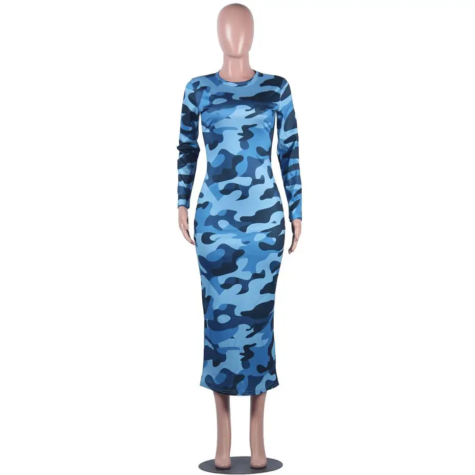 HAOYUAN камуфляжное Платье макси с длинным рукавом Женская мода халат Туника Vestidos размера плюс вечерние Ночная одежда осеннее облегающее платье - Цвет: Синий