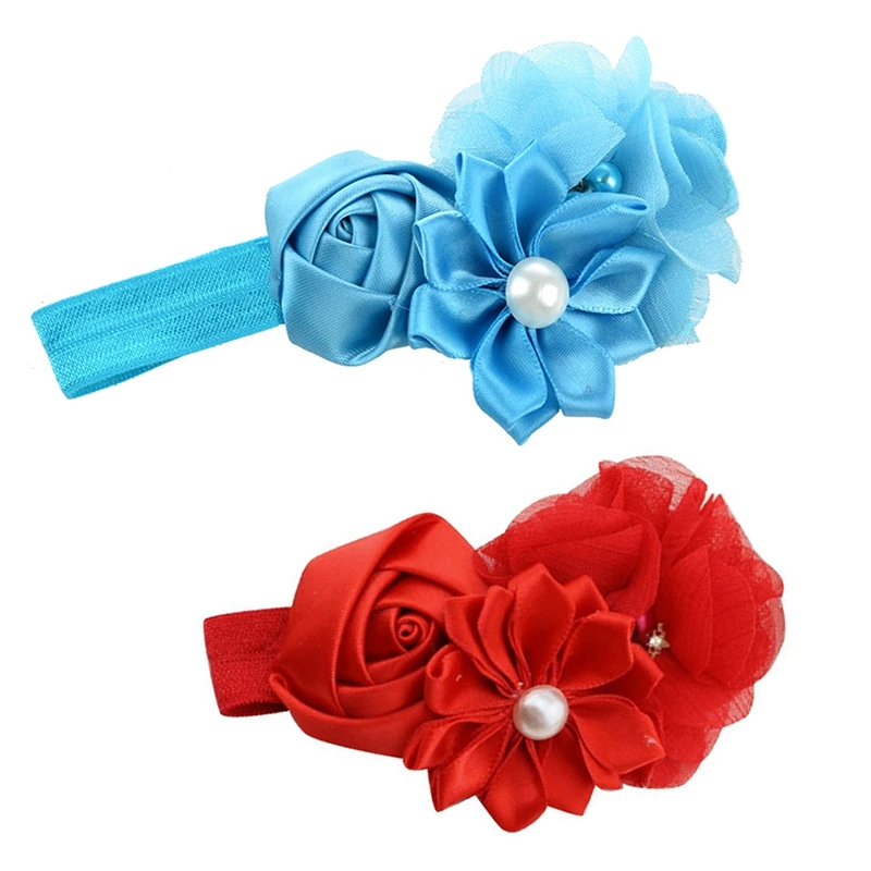 2 шт., повязка на голову для маленьких девочек, шифоновый головной убор с искусственным жемчугом, повязка на голову(синий и красный