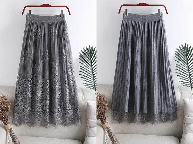 Wear on Both Sides Women Knitted Skirts Autumn Winter High Waist Lace Patchwork Long Skirt Large Swing A-Line Pleated Skirts