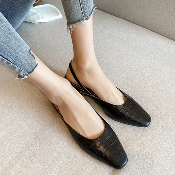 

Elegant Black Sandals Buckle Genuine Leather Square Med Heel Round Toe Women Shoes Stylish Shallow Sandals