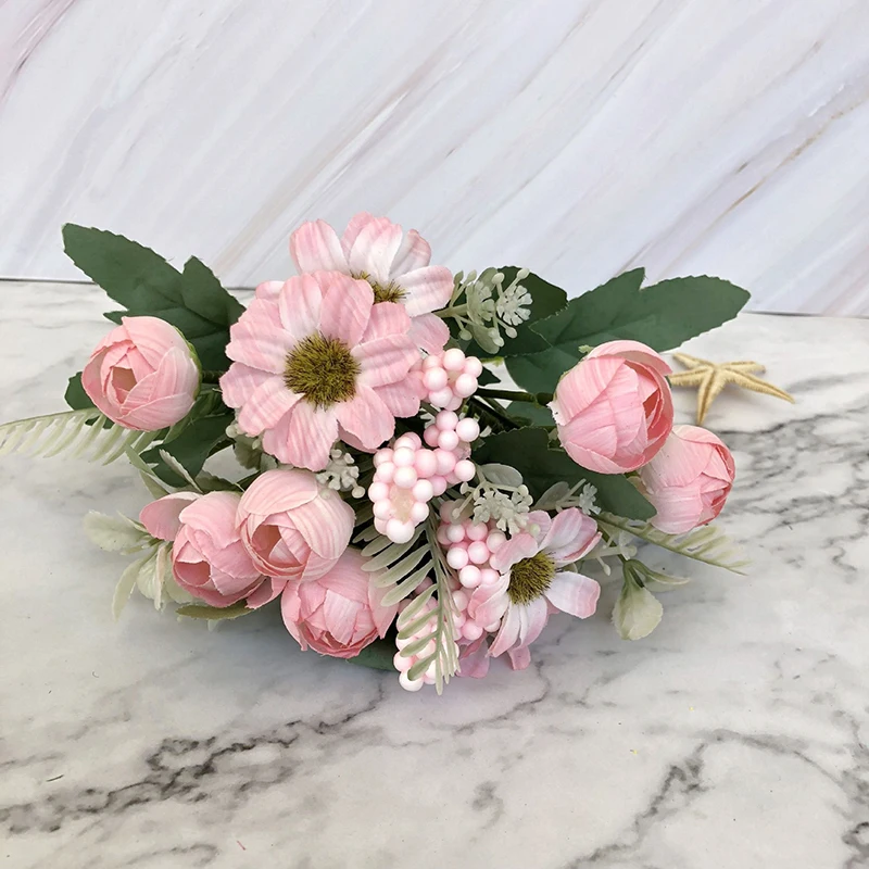 JAROWN 10 Heads Artificial Rose Small Flowers Bouquet Silk Fake Flowers Wedding Home Decoration Plant Leaves Decorative (4)