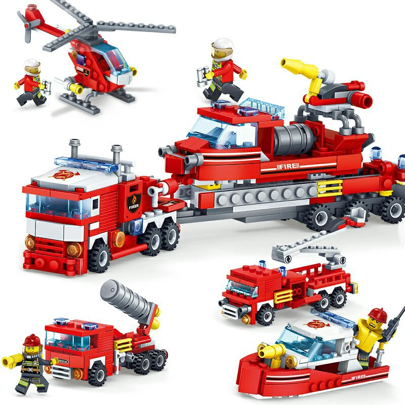 KAZI-80512-City-Fire-Fighting-Car-Helicopter-Boat-Building-Blocks-LegoINGlys-Fire-Fighter-Bricks-Lepin-Technic - 
