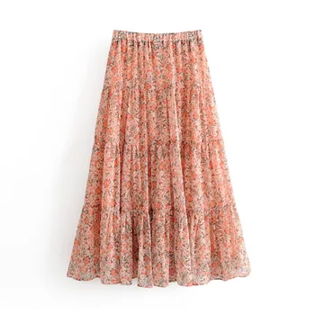 

Boho Styles Floral Skirt Women Summer Elastic High Waist Pleated Long Skirt Loose Holiday Beach Chiffon Skirts Female Ropa Mujer