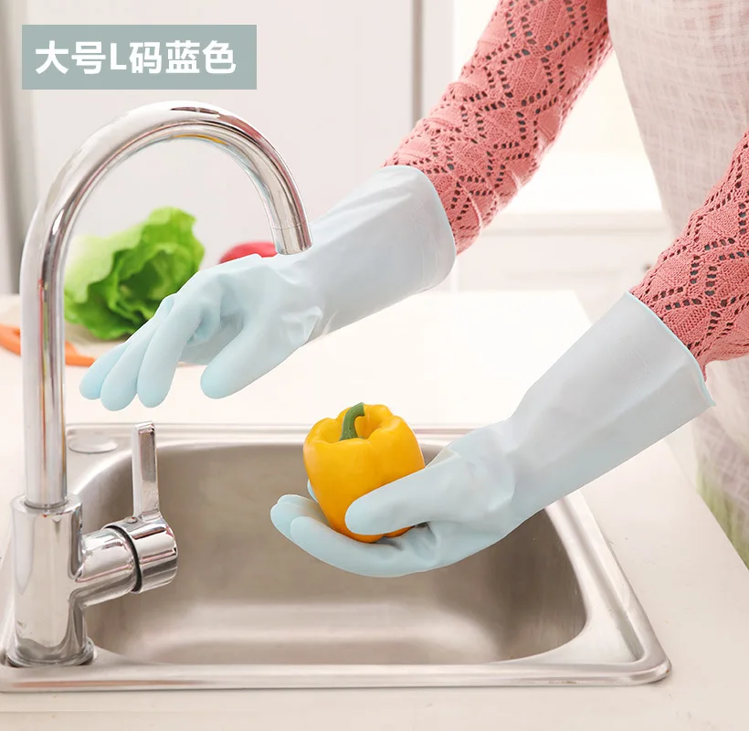 Силиконовые бытовые резиновые перчатки для кухни, резиновые перчатки для мытья посуды, резиновые водонепроницаемые бытовые перчатки - Цвет: L-Blue