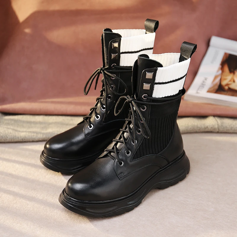 

Women's real leather Stretch knitting lace-up platform flats ankle boots leisure punk short martin boots Motorcycle boots shoes