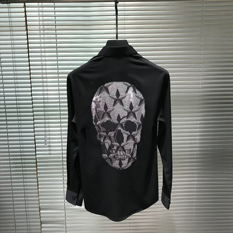 

Original Slim Spring T-Shirt Button Business Personality Tops Men's Long Sleeve Rhinestone Hot Diamond