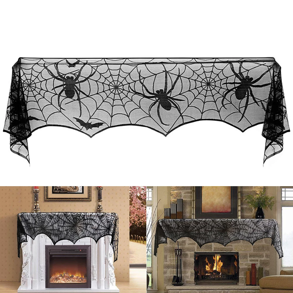 

Halloween Black Lace Spiderweb Party Supplies Fireplace Mantle Scarf Cover 244cm Table Cloth for Halloween Decoration