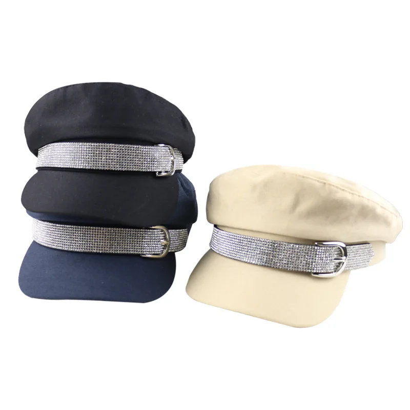 

Autumn new white hat on female fashion diamond flat caps, cotton and linen breathable cap, leisure hat shading