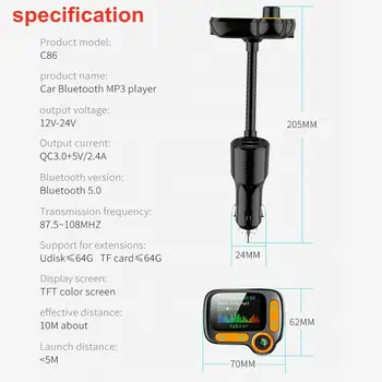 

Bluetooth 5.0 Car Kit Handsfree FM Transmitter AUX Audio Receiver Quick Charge QC3.0 Support TF Card / U Disk Playback