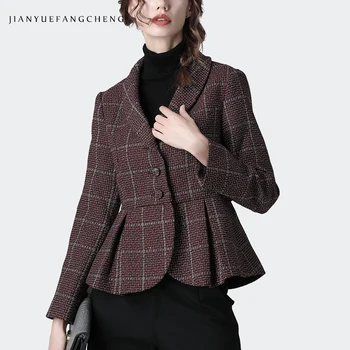 

Fashion Women Winter Wool Blazer Vintage Plaid Printed Warm Thicken High Waist Peplum Coats Korean Ladies Office Casual Blazers