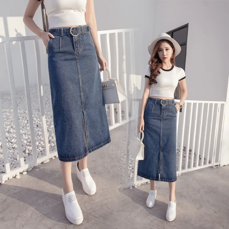

2019 Summer Wear New Style Korean-style Cowboy Slit Lace-up Slim Fit Versatile Fashion One-step Skirt Medium-length Dress Women'